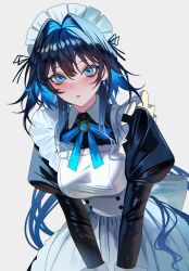 1girl apron black_dress black_hair blue_hair blue_ribbon dress gradient_hair hair_intakes hat highres hololive hololive_english long_hair looking_at_viewer maid_apron mob_cap multicolored_hair ouro_kronii ouro_kronii_(maid) ribbon sanya_(sanya_lox228) simple_background solo virtual_youtuber white_apron white_background
