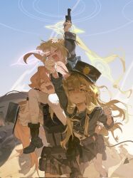 3girls ahoge arm_up armband bandages beretta_92 black_boots black_jacket black_tail blue_archive boots carrying demon_tail desert earrings finger_on_trigger gloves green_hair green_halo gun halo handgun hat highres hikari_(blue_archive) holding holding_gun holding_weapon holster holstered hoshino_(armed)_(blue_archive) hoshino_(blue_archive) jacket jewelry long_hair manurhin_mr73 multiple_girls nozomi_(blue_archive) open_mouth pantyhose piggyback pink_hair pink_halo revolver school_uniform siblings sisters sky tactical_school_uniform tail torn_clothes twins vest weapon white_gloves white_pantyhose yu-y_(824412)