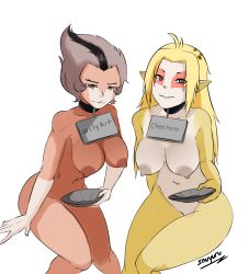 2girls blonde_hair breasts cheetara highres inuyuru large_breasts multicolored_hair multiple_girls nipples nude plate pointy_ears sign thundercats two-tone_hair wilykit