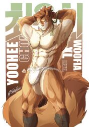1boy abs animal_ears bara character_name choi_yuhee_(xxl) closed_mouth commentary_request copyright_name fundoshi furry furry_male highres japanese_clothes looking_down male_focus muscular muscular_male nipples no_pants pectorals tail teatannins topless_male tying_hair weasel_boy weasel_ears weasel_tail whiskers xxl_woofia