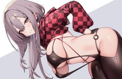 1girl black_bodysuit black_gloves blush bodysuit breasts checkered_clothes checkered_shrug commentary ear_piercing gloves goddess_of_victory:_nikke hair_between_eyes hair_intakes half_gloves hand_on_own_hip hood hood_down hooded_shrug kaptivate large_breasts long_hair long_sleeves looking_at_viewer navel o-ring piercing puffy_long_sleeves puffy_sleeves red_eyes red_shrug scarlet_(nikke) scarlet_(racer&#039;s_high)_(nikke) shrug_(clothing) sideboob sleeveless sleeveless_bodysuit smile solo
