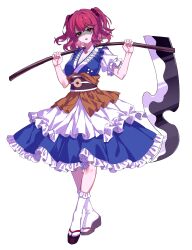 1girl blue_dress breasts cleavage commentary_request commission dress frilled_dress frills full_body highres holding holding_scythe kinamielise looking_at_viewer makir obi onozuka_komachi open_mouth puffy_short_sleeves puffy_sleeves red_eyes red_hair sandals sash scythe shaded_face short_sleeves socks solo sweat tabi tachi-e touhou two_side_up white_socks