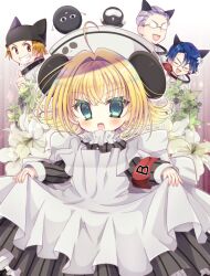 17ho_10ban 1girl 3boys ahoge animal_collar apron armband black_dress blonde_hair blue_hair collar coo_erhard di_gi_charat dog_boy dress eyelashes flower food fruit glasses grapes grin hair_slicked_back hat highres ky_schweitzer long_sleeves multiple_boys nazo_gema open_mouth panda_girl piyoko red_armband rik_heisenberg short_hair smile thumbs_up white_apron white_flower white_hat