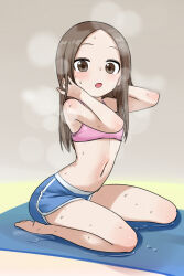 1girl :o barefoot blue_shorts blush breath brown_eyes brown_hair commentary_request full_body heavy_breathing highres karakai_jouzu_no_takagi-san korean_commentary long_hair looking_at_viewer mixed-language_commentary navel note2000 open_mouth parted_bangs pink_sports_bra revision short_shorts shorts sitting solo sports_bra sweat takagi-san underwear wariza yoga_mat