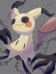 animal_focus artist_name aura colored_skin commentary_request gen_7_pokemon grey_background highres iwasi_29 mimikyu nintendo no_humans pokemon pokemon_(creature) simple_background solid_oval_eyes tail twitter_username wavy_mouth yellow_skin
