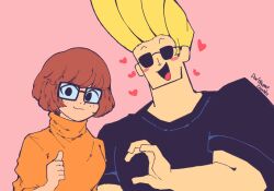 1boy 1girl blonde_hair brown_hair danishi freckles glasses heart heart_hands_failure johnny_bravo johnny_bravo_(series) meme pink_background pompadour scooby-doo short_hair sunglasses thumbs_up velma_dinkley