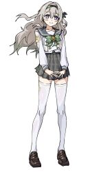 1girl black_hairband black_ribbon blue_pupils blush bow bowtie brown_shoes buttons checkered_bow checkered_bowtie checkered_clothes checkered_skirt closed_mouth collared_shirt double-breasted firefly_(honkai:_star_rail) firefly_(spring_missive)_(honkai:_star_rail) gradient_eyes gradient_hair green_bow green_bowtie grey_hair grey_sailor_collar grey_skirt hair_between_eyes hair_intakes hair_ribbon hairband highres honkai:_star_rail honkai_(series) interlocked_fingers long_hair momomatang multicolored_eyes multicolored_hair own_hands_together pleated_skirt ribbon sailor_collar shirt shoes simple_background skirt smile solo thighhighs white_background white_shirt white_thighhighs