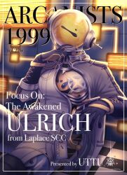 Rule 34 | 1boy, 39999m, black gloves, character name, checkered floor, cover, cowboy shot, english text, fake magazine cover, ferrofluid, fishbowl helmet, gloves, hand up, id card, inset border, jumpsuit, magazine cover, male focus, object head, reverse:1999, sitting, tile wall, tiles, ulrich (reverse:1999), white jumpsuit