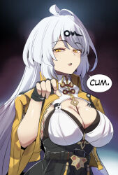 1girl absurdres black_gloves breasts cleavage commentary fingerless_gloves gloves hair_ornament hairclip highres hinghoi large_breasts long_hair looking_at_viewer open_mouth solo speech_bubble upper_body very_long_hair white_hair yellow_eyes yi_xuan_(zenless_zone_zero) zenless_zone_zero