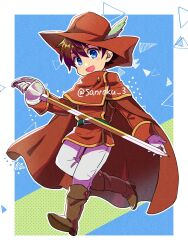 1boy bartz_klauser belt blue_background blue_eyes boots border brown_boots brown_hair coat final_fantasy final_fantasy_v full_body green_belt hair_between_eyes hat hat_feather highres holding holding_sword holding_weapon light_blush looking_at_viewer male_focus open_mouth pants red_coat red_hat red_mage_(final_fantasy) red_tunic sanroku_3 short_hair smile solo sword tunic twitter_username weapon white_border white_pants