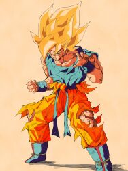 Rule 34 | blonde hair, blood, blood from mouth, blue footwear, blue shirt, boots, dougi, dragon ball, dragonball z, fighting stance, full body, highres, medium hair, muscular, muscular male, orange pants, pants, pato007711, red eyes, shirt, simple background, son goku, spiked hair, super saiyan, super saiyan 1, torn clothes, torn pants, torn shirt