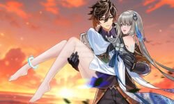 1boy 1girl absurdres arms_around_neck bare_shoulders blue_eyes blurry blurry_background brown_hair buzhidaogaishenmeming90675 carrying chinese_clothes chinese_hairpin cloud couple dress genshin_impact grey_hair guizhong_(genshin_impact) hair_between_eyes hair_ornament halter_leotard halterneck hanfu highres leotard long_hair long_sleeves looking_at_viewer open_mouth princess_carry sky sleeves_past_wrists smile sun tassel tassel_hair_ornament teeth upper_teeth_only white_dress wide_sleeves zhongli_(genshin_impact)