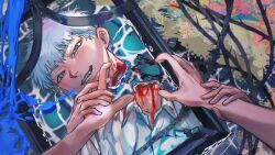 1boy blood collared_shirt commentary_request decapitation guro highres hikaru_(hikaru_ga_shinda_natsu) hikaru_ga_shinda_natsu looking_at_viewer male_focus pineapp80783931 portrait_(object) pov pov_hands shirt short_hair smile solo_focus twitter_username white_hair white_shirt