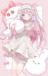 Rule 34 | 1girl, absurdres, bare shoulders, blush, border, breasts, cleavage, closed mouth, collarbone, commentary request, commission, detached sleeves, dress, feet out of frame, frilled thigh strap, hair ribbon, hands up, highres, himeno aimu, indie virtual youtuber, long hair, looking at viewer, myon rio, one eye closed, outside border, pink border, pink hair, pink sleeves, purple eyes, ribbon, sample watermark, see-through clothes, see-through sleeves, skeb commission, sleep mask, sleeveless, sleeveless dress, solo, standing, thigh strap, twitter username, two side up, very long hair, watermark, white background, white dress, white ribbon