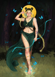 absurdres ancient_greek_clothes archery blue_butterfly bow_(weapon) braid bug bun_with_braided_base butterfly butterfly_tattoo cone_hair_bun crescent crescent_facial_mark double_bun facial_mark grass greco-roman_clothes green_lips hair_bun highres insect jojo_no_kimyou_na_bouken kuujou_jolyne maeliot multicolored_hair stone_ocean tattoo two-tone_hair weapon