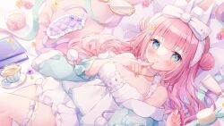 1girl animal_ears ayase_ririco bed_sheet blue_eyes blush book bow breasts candle cleavage collarbone commentary cup double_bun dress finger_to_mouth flower frilled_dress frilled_pajamas frills hair_brush hair_bun hair_ornament hand_mirror highres indie_virtual_youtuber jewelry long_hair looking_at_viewer lying medium_breasts mirror necklace off_shoulder omochi_monaka on_back on_bed pajamas pink_hair rabbit_ears shorts sleep_mask smile solo tea teacup twintails virtual_youtuber white_bow white_dress white_shorts