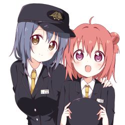 Rule 34 | 2girls, :d, absurdres, ahoge, akaza akari, alternate costume, arm behind back, black headwear, black jacket, black suit, blue hair, blush, braid, breasts, brown eyes, buttons, closed mouth, collared shirt, commentary request, double bun, formal clothes, furutani himawari, hair between eyes, hair bun, hand on another&#039;s shoulder, happy, hat, highres, holding, holding unworn clothes, holding unworn hat, jacket, looking at viewer, medium breasts, medium hair, mesushio, multiple girls, name tag, necktie, open mouth, peaked cap, purple eyes, red hair, shadow, shirt, side-by-side, simple background, smile, split mouth, suit, train attendant, travel attendant, twin braids, unworn hat, unworn headwear, upper body, white background, white shirt, yellow neckwear, yuruyuri
