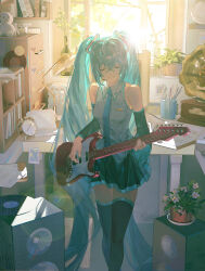 1girl absurdres alarm_clock amplifier armpit_crease backlighting bare_shoulders black_skirt black_sleeves black_thighhighs blonde_hair blue_hair blue_necktie book bookshelf bottle breasts clipboard clock closed_eyes collared_shirt commentary crossed_bangs day desk desk_lamp detached_sleeves english_commentary feet_out_of_frame gejiandenghuo hair_between_eyes hatsune_miku highres indoors instrument lamp long_hair miniskirt music necktie paper pen phonograph plant playing_bass_guitar playing_instrument potted_plant school_desk shelf shirt skirt sleeveless sleeveless_shirt small_breasts solo standing stationery stuffed_animal stuffed_toy sunlight thighhighs twintails very_long_hair vocaloid window wing_collar zettai_ryouiki