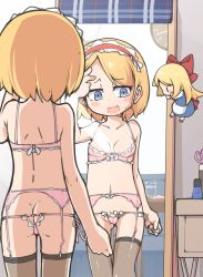 1girl alice_margatroid black_thighhighs blonde_hair blue_eyes blush bra breasts collarbone hairband highres lolita_hairband mirror open_mouth panties pink_bra pink_panties red_hairband reflection shanghai_doll short_hair small_breasts solo thighhighs touhou turnip_kabura underwear