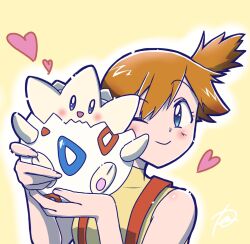 1girl ;) bare_arms blue_eyes blush breasts closed_mouth eyelashes gen_1_pokemon gen_2_pokemon gym_leader heart highres holding holding_pokemon looking_at_viewer misty_(pokemon) nintendo one_eye_closed orange_hair pokemon pokemon_(anime) pokemon_(classic_anime) pokemon_(creature) pokemon_rgby ponytail shirt short_hair side_ponytail sleeveless sleeveless_shirt smile solo suspenders togepi upper_body wink yellow_shirt