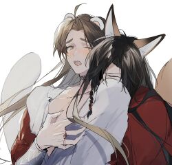Rule 34 | 2boys, ahoge, animal ears, beads, bishounen, black hair, blush, bracelet, braid, brown eyes, brown hair, chinese clothes, eyepatch, ferret boy, ferret ears, ferret tail, fingernails, fox boy, fox ears, fox tail, hair beads, hair ornament, hand on another&#039;s chest, hanfu, highres, hua cheng, hug, hug from behind, jewelry, kemonomimi mode, long hair, long sleeves, male focus, manjuyawaraka, multiple boys, neck tattoo, necklace, one eye closed, one eye covered, open mouth, pectoral cleavage, pectorals, red hanfu, ring, ring necklace, saliva, sharp fingernails, side braid, silver bracelet, simple background, single braid, string, string around finger, string of fate, tail, tattoo, tears, third-party source, tianguan cifu, upper body, white background, white hanfu, xie lian, yaoi