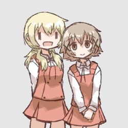 2girls blonde_hair brown_eyes brown_hair buttons collared_shirt hair_between_eyes hair_ornament height_difference hidamari_sketch highres long_sleeves looking_at_viewer low_twintails miyako_(hidamari_sketch) multiple_girls nonounno open_mouth red_skirt red_vest school_uniform shirt short_hair simple_background skirt twintails vest white_shirt x x_hair_ornament yuno_(hidamari_sketch) |_|