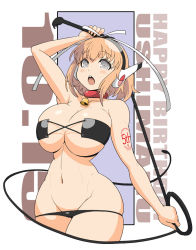 Rule 34 | 10s, 1girl, anniversary, arm up, armpits, bare arms, bare shoulders, bell, bikini, birthday, black bikini, blush, breasts, brown hair, character name, chestnut mouth, choker, cleavage, collarbone, cowboy shot, curvy, dated, female focus, grey eyes, groin, haganemaru kennosuke, hairband, happy birthday, large breasts, looking at viewer, lowleg, lowleg bikini, navel, neck bell, open mouth, orange hair, senran kagura, senran kagura new wave, short hair, skindentation, solo, stomach, strapless, strapless bikini, swimsuit, tattoo, teeth, thick thighs, thighs, underboob, ushimaru (senran kagura), whip, wide hips