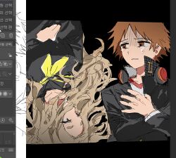 Rule 34 | 1boy, 1girl, art program in frame, brown hair, crying, crying with eyes open, hanamura yousuke, headphones, headphones around neck, konishi saki, long hair, looking at another, nt 26, persona, persona 4, school uniform, tears, yasogami school uniform