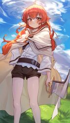 1girl absurdres belt black_shorts brown_eyes capry closed_mouth cloud cloudy_sky commentary cowboy_shot eris_greyrat highres holding holding_sword holding_weapon long_hair long_sleeves looking_at_viewer mushoku_tensei red_hair shirt shorts sky solo sword weapon white_shirt
