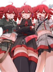 1girl absurdres arm_tattoo black_shirt black_skirt black_thighhighs blush cropped_jacket cropped_shirt detached_sleeves drill_hair fang from_below green_shirt green_skirt grey_jacket grey_skir hair_between_eyes highres jacket karasu2020_8 kasane_teto long_hair looking_at_viewer navel number_tattoo open_mouth red_eyes red_hair shirt sidelocks skirt solo tattoo thighhighs twin_drills utau