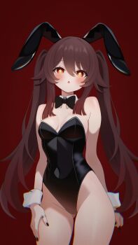 Rule 34 | 1girl, absurdres, alternate costume, animal ears, bare shoulders, black bow, black bowtie, black leotard, black nails, blush, bow, bowtie, breasts, breasts apart, brown hair, collar, commentary request, covered navel, cowboy shot, detached collar, fake animal ears, fingernails, flower-shaped pupils, fuminshou (nekopan art), genshin impact, gluteal fold, hair between eyes, hand on own thigh, highleg, highleg leotard, highres, hu tao (genshin impact), jewelry, leotard, long hair, looking at viewer, medium breasts, multicolored hair, nail polish, parted lips, playboy bunny, rabbit ears, red background, red eyes, red hair, ring, sidelocks, simple background, solo, strapless, strapless leotard, symbol-shaped pupils, traditional bowtie, triangle mouth, twintails, very long hair, white collar, white wrist cuffs, wrist cuffs