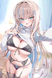 Rule 34 | 1girl, artist name, black bra, black garter belt, black garter straps, black panties, black thighhighs, blonde hair, blue eyes, blue hair, blurry, blurry background, blush, bow, bow bra, bow garter belt, bow panties, bra, breasts, cleavage, clothes lift, colored inner hair, commentary request, cowboy shot, curvy, depth of field, front-tie bra, garter belt, garter straps, hair ornament, heart, heart hair ornament, large breasts, lifting own clothes, long hair, long sleeves, looking at viewer, multicolored hair, navel, open mouth, original, panties, pon (ponidrop), signature, skindentation, smile, solo, standing, stomach, straight hair, streaked hair, string panties, sweater, sweater lift, thighhighs, tsurime, turtleneck, turtleneck sweater, underwear, v-shaped eyebrows, very long hair, white sweater, x hair ornament