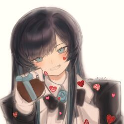 1girl 7026jaja ado_(utaite) black_bow black_bowtie black_hair blue_eyes blue_hair blush bow bowtie box chando_(ado) chinese_commentary clenched_teeth colored_inner_hair commentary_request facial_mark fang gloves heart heart-shaped_box heart_facial_mark highres long_hair looking_at_viewer mole mole_under_eye multicolored_hair sidelocks smile solo teeth upper_body utaite very_long_hair white_gloves