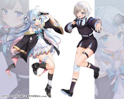 Rule 34 | 2girls, :o, ahoge, armband, bandaged leg, bandages, bandaid, bandaid on leg, bell, black footwear, black jacket, black necktie, black shorts, black socks, blue bow, blue choker, blue eyes, blush, bow, character request, choker, collared shirt, commentary request, dress, grey hair, hair between eyes, hair bow, indie virtual youtuber, jacket, jingle bell, kagura nana, kneehighs, kurot, loafers, long hair, long sleeves, multicolored hair, multiple girls, multiple views, neck bell, necktie, off shoulder, open mouth, pink hair, puffy long sleeves, puffy sleeves, purple eyes, shirt, shoes, short hair, short necktie, short shorts, shorts, sleeves past wrists, socks, two-tone hair, two side up, v-shaped eyebrows, very long hair, virtual youtuber, white bow, white dress, white shirt, wide sleeves