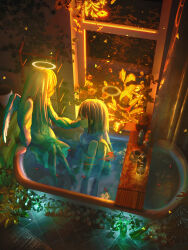 2girls angel angel_wings arm_at_side arm_support bath bathtub bloomers blue_shirt bottle brown_hair closed_eyes closed_mouth clothed_bath collared_shirt comforting commentary_request crying cup curtains facing_another fantasy flower frilled_sleeves frills from_above glass_bottle glowing glowing_flower glowing_halo halo highres indoors long_hair long_sleeves medium_hair multiple_girls neur night orange_flower original outstretched_hand plank plant plastic_bottle reaching reaching_towards_another sad see-through_curtains shirt sitting smile streaming_tears tears tile_floor tiles traditional_halo underwear vase vines water white_flower white_hair white_wings window wings wiping_tears