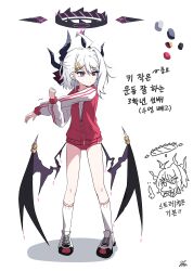 1girl absurdres ahoge black_halo black_horns blue_archive buruma demon_girl demon_horns demon_wings hair_between_eyes hair_ornament hairclip halo highres hina_(blue_archive) horns jacket kiroshi long_sleeves low_wings medium_hair multiple_horns purple_wings red_buruma shoes sneakers socks track_jacket translation_request white_socks wings