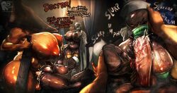 1futa 2girls absurdres breeding_mount bubble_head_nurse cum cum_in_mouth dialogue_box futanari highres horror_(theme) legs_up mask mouth_mask multiple_girls nurse punishment pyramid_head rongodombo silent_hill_(series) sound_effects testicles