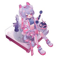Rule 34 | 1boy, animal ear fluff, animal ear piercing, animal ears, antique phone, belt, black shirt, blush, bright pupils, cat boy, cat ears, cat tail, chess piece, commentary, crop top, diorama, fang, full body, grey hair, hat, hat belt, highres, holding, holding phone, jacket, leg warmers, male focus, navel, open clothes, open jacket, open mouth, original, ozureiji, phone, red belt, red eyes, red nails, rotary phone, shirt, shoes, short hair, shorts, simple background, single leg warmer, single thighhigh, sitting, skin fang, sleeveless, sleeveless shirt, smile, solo, symbol-only commentary, tail, tail belt, thighhighs, turtleneck, turtleneck shirt, white background, white hat, white jacket, white leg warmers, white pupils, white shoes, white shorts, white thighhighs