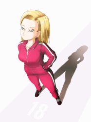 1girl android_18 dragon_ball dragon_ball_super hand_in_pocket looking_up serious shadow solo