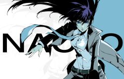 Rule 34 | 1girl, absurdres, alternate hairstyle, arm at side, belt, black hair, blazer, blue background, blue eyes, blue hair, blue necktie, character name, coat, dress shirt, english text, facing viewer, green belt, grey coat, grey pants, hair down, highres, jacket, junoracle, long hair, looking at viewer, muted color, necktie, open clothes, open coat, open hand, outstretched arm, pants, persona x detective, running, shirogane naoto, shirt, shirt tucked in, spot color, two-tone background, white background, white shirt, wind