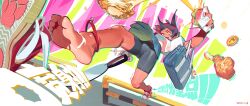 1girl absurdres barefoot chicken_(food) chicken_leg commentary cup disposable_cup english_commentary food highres li_xiahua_(prisoners_book) light-skinned_palms light-skinned_soles original pleated_skirt prisoners_book_(artist) red_streaks short_hair skirt soda soles solo tan tanline toes tomboy