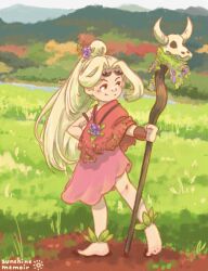 Rule 34 | 1girl, alternate costume, animal skull, artist name, barefoot, blonde hair, brown eyes, cow skull, flower, full body, grass, hair flower, hair ornament, hand on own hip, holding, holding staff, khiuly, kid icarus, kid icarus uprising, nintendo, outdoors, ponytail, solo, staff, standing, viridi
