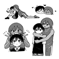 2boys :&lt; antenna_hair bright_pupils chibi closed_eyes closed_mouth collarbone collared_shirt dark-skinned_male dark_skin double_v greyscale grin heart highres hug hug_from_behind kel_(faraway)_(omori) kel_(omori) kiimorisame looking_at_another looking_at_viewer male_focus monochrome multiple_boys omori open_mouth parted_lips shirt shoes short_hair shorts smile sneakers socks sunny_(omori) sweater_vest teeth v