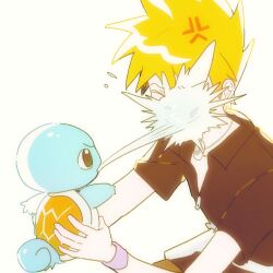 &gt;_&lt; 1boy anger_vein blonde_hair blue_oak closed_eyes collared_shirt gen_1_pokemon holding holding_pokemon jewelry majyo_(witch_poke) male_focus necklace nintendo pokemon pokemon_(creature) pokemon_frlg shirt short_hair short_sleeves simple_background spiked_hair squirting_liquid squirtle wet_face white_background wristband zipper_pull_tab