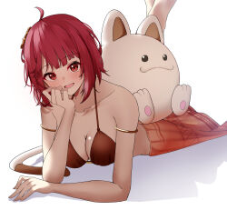 Rule 34 | 1girl, absurdres, ahoge, armlet, atelier (series), atelier sophie, bare shoulders, bikini, blush, breasts, brown bikini, bureoeve, cleavage, collarbone, feet up, fuurai no shiren, highres, jewelry, large breasts, looking at viewer, lower teeth only, lying, medium hair, on stomach, open mouth, orange skirt, red eyes, red hair, simple background, skirt, smile, sophie neuenmuller, swimsuit, teeth, the pose, white background