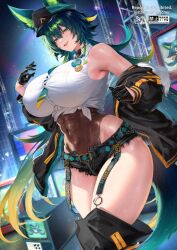 1girl amagami_shinia animal_ears bare_shoulders black_gloves black_jacket blonde_hair blush braid breasts collared_shirt commentary_request commission covered_abs covered_navel gloves gomi_(hakumaiteacher) green_eyes green_hair hair_between_eyes half_gloves highres huge_breasts indie_virtual_youtuber jacket long_hair looking_at_viewer multicolored_hair o-ring off_shoulder open_mouth shirt signature skeb_commission sleeveless sleeveless_shirt solo tail thick_thighs thighs twitter_username very_long_hair virtual_youtuber white_shirt wolf_ears wolf_tail