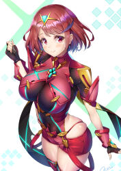 1girl armor black_gloves breasts chest_jewel closed_mouth commentary_request covered_navel earrings fingerless_gloves floating_earrings gloves hand_up highleg highleg_leotard highres jewelry large_breasts leotard looking_at_viewer novady pyra_(xenoblade) red_armor red_eyes red_hair red_shorts red_thighhighs short_hair short_shorts shorts shoulder_armor signature simple_background skindentation smile solo swept_bangs thighhighs tiara xenoblade_chronicles_(series) xenoblade_chronicles_2