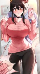 1boy 1girl :o akchu black_choker black_hair black_nails black_shorts blouse blue_shirt blurry blurry_background blush breasts brown_eyes chobi_(akchu) choker clothes_grab clothes_pull clothes_tug collarbone commentary_request covered_face hair_between_eyes hair_ribbon hand_up highres large_breasts looking_down meme mirror nail_polish open_mouth original pajamas_challenge pants pantylines parted_lips phone picture_frame pink_shirt pink_sweater pulling_another&#039;s_clothes ribbon selfie shirt shirt_grab shorts sidelocks standing sweater sweater_tug wide_hips yoga_pants