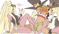 4girls :d @_@ ^_^ absurdly_long_hair arm_support armpit_crease arrow_(symbol) ascot bare_arms bare_legs bare_shoulders barefoot bikini bikini_bottom_only black_bikini black_gloves black_shirt blonde_hair bottomless breasts brown_eyes brown_hair brown_hat brown_vest cherry clenched_teeth clone closed_eyes clothes_lift collared_shirt cookie_run cookie_run:_ovenbreak croissant_cookie cup dark-skinned_female dark_skin dot_nose double-parted_bangs drinking_glass elbow_gloves english_text eyebrows_hidden_by_hair eyepatch eyewear_on_head facing_another female_footjob food fruit full_body gloves goggles goggles_on_headwear green_swim_trunks hair_between_eyes half_gloves hat heart high_ponytail highres holding holding_cup humanization juliet_sleeves knee_up large_breasts large_hat leaf leg_lock long_hair long_sleeves multicolored_hair multiple_girls multiple_persona navel ohta_guk_hip one_eye_covered open_mouth orange_(fruit) orange_hair orange_slice pinky_out ponytail profile puffy_sleeves selfcest shirt shirt_lift short_hair sideways_mouth sitting skindentation sleeveless sleeveless_shirt small_breasts smile spread_legs streaked_hair sunglasses sweat swimsuit teeth timekeeper_cookie top_hat two-tone_hair underboob v-shaped_eyebrows very_long_hair vest white_ascot white_shirt yellow_eyes