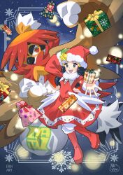1girl :d absurdres alternate_costume black_hair boots box christmas commentary_request dawn_(pokemon) dress eyelashes gift gift_box grey_eyes hair_ornament hairclip happy hat highres hisuian_decidueye long_hair long_sleeves nintendo open_mouth pokemon pokemon_(creature) pokemon_dppt red_boots red_dress red_hat sasami_642 signature smile spread_fingers teeth tongue upper_teeth_only